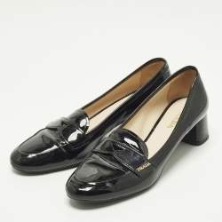 Pre Owned Prada Size 40 Black Patent Leather Block Heel Loafer Pumps