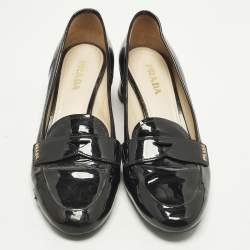 Pre Owned Prada Size 40 Black Patent Leather Block Heel Loafer Pumps