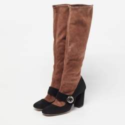 مملوكة مسبقًا Prada Size 39 Black/Beige Suede Knee Length Block Heel Boots 