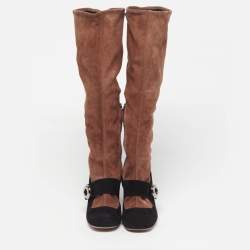 مملوكة مسبقًا Prada Size 39 Black/Beige Suede Knee Length Block Heel Boots 