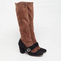 مملوكة مسبقًا Prada Size 39 Black/Beige Suede Knee Length Block Heel Boots 