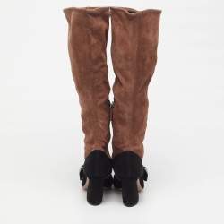 مملوكة مسبقًا Prada Size 39 Black/Beige Suede Knee Length Block Heel Boots 
