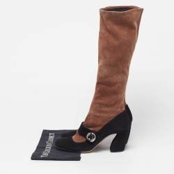مملوكة مسبقًا Prada Size 39 Black/Beige Suede Knee Length Block Heel Boots 