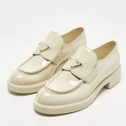Pre Owned Prada Monolith Size 40 Cream Patent Leather Loafers