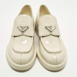 Pre Owned Prada Monolith Size 40 Cream Patent Leather Loafers