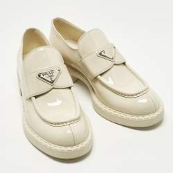 Pre Owned Prada Monolith Size 40 Cream Patent Leather Loafers