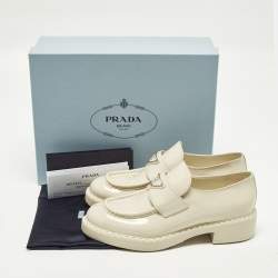 Pre Owned Prada Monolith Size 40 Cream Patent Leather Loafers