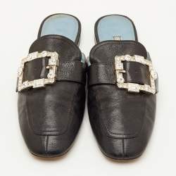 Pre Owned Prada Size 40 Black Leather Crystal Embellished Buckle Detail Flat Mules