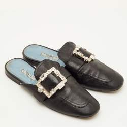 Pre Owned Prada Size 40 Black Leather Crystal Embellished Buckle Detail Flat Mules