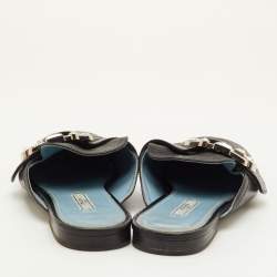 Pre Owned Prada Size 40 Black Leather Crystal Embellished Buckle Detail Flat Mules