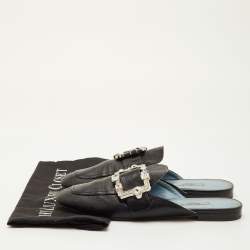 Pre Owned Prada Size 40 Black Leather Crystal Embellished Buckle Detail Flat Mules