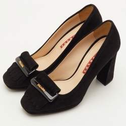 Pre Owned Prada Size 35 Black Suede Fringe Block Heel Pumps