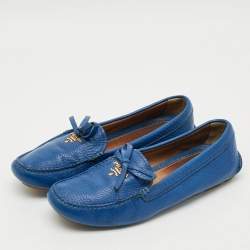 Pre Owned Prada Size 38 Blue Leather Bow Loafers