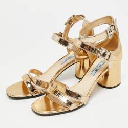 Pre Owned Prada Size 37 Gold Leather Ankle Strap Sandals