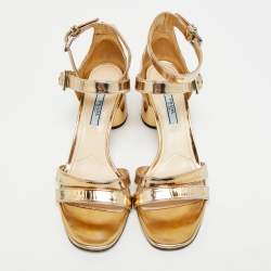 Pre Owned Prada Size 37 Gold Leather Ankle Strap Sandals