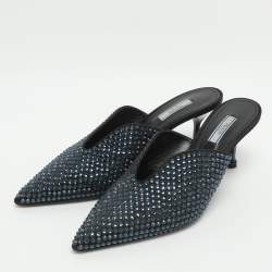 مملوكة مسبقًا Prada Crystal Embellished Size 41 Black/Blue Satin Mules