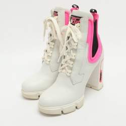 Pre Owned Prada Size 41 White/Pink Leather Neoprene Ankle Length Boots