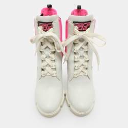 Pre Owned Prada Size 41 White/Pink Leather Neoprene Ankle Length Boots