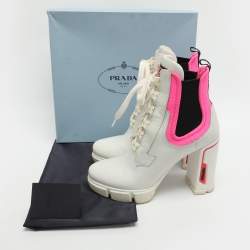 Pre Owned Prada Size 41 White/Pink Leather Neoprene Ankle Length Boots