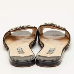 مملوكة مسبقًا Prada Size 37 Black Patent Leather Crystal Embellished Flat Slide Sandals