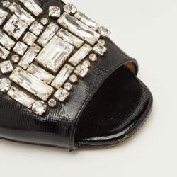 مملوكة مسبقًا Prada Size 37 Black Patent Leather Crystal Embellished Flat Slide Sandals