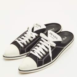 مملوكة مسبقًا حذاء رياضي برادا دانتيل علوي قماش أسود مقدمة مدببة مقاس 39.5