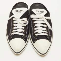 مملوكة مسبقًا حذاء رياضي برادا دانتيل علوي قماش أسود مقدمة مدببة مقاس 39.5