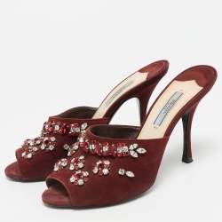 Pre Owned Prada Size 37.5 Burgundy Suede Crystal Embellish Mules
