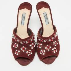 Pre Owned Prada Size 37.5 Burgundy Suede Crystal Embellish Mules