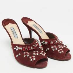 Pre Owned Prada Size 37.5 Burgundy Suede Crystal Embellish Mules