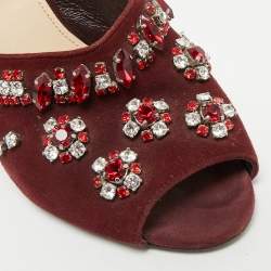 Pre Owned Prada Size 37.5 Burgundy Suede Crystal Embellish Mules