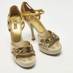 Pre Owned صندل برادا حزام على شكل T جلد ذهبي معدني مقاس 36