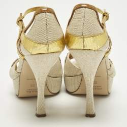 Pre Owned صندل برادا حزام على شكل T جلد ذهبي معدني مقاس 36