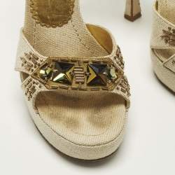 Pre Owned صندل برادا حزام على شكل T جلد ذهبي معدني مقاس 36