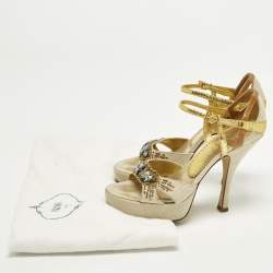 Pre Owned صندل برادا حزام على شكل T جلد ذهبي معدني مقاس 36