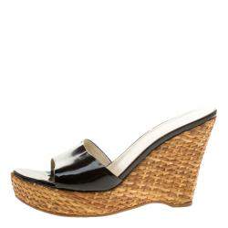 Prada Black Patent Leather Wedge Sandals Size 41