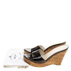 Prada Black Patent Leather Wedge Sandals Size 41