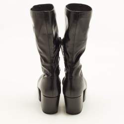 Pre Owned Prada Size 40.5 Black Leather Platform Mid Calf Boots