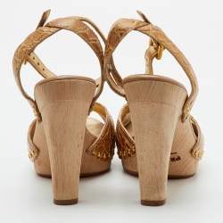Pre Owned Prada Size 38 Beige Crocodile Leather Platform Ankle Strap Sandals