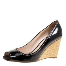 Prada Black Patent Leather Peep Toe Espadrille Wedge Pumps Size 39.5