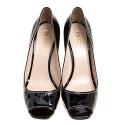 Prada Black Patent Leather Peep Toe Espadrille Wedge Pumps Size 39.5