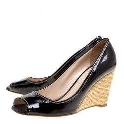 Prada Black Patent Leather Peep Toe Espadrille Wedge Pumps Size 39.5