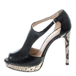 Prada Black Python Leather Cut Out Platform Sandals Size 37