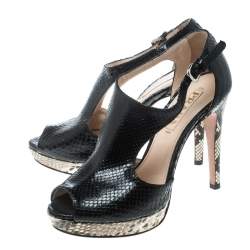 Prada Black Python Leather Cut Out Platform Sandals Size 37