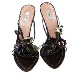 Prada Multicolor Fabric and Leather Flower Embellished Sandals Size 39