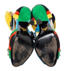 Pre Owned Prada Color Block Suede Asymmetric Jeweled Ankle Strap Sandals Size 38.5