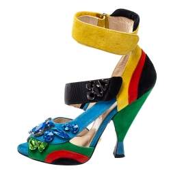 Pre Owned Prada Color Block Suede Asymmetric Jeweled Ankle Strap Sandals Size 38.5