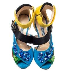 Pre Owned Prada Color Block Suede Asymmetric Jeweled Ankle Strap Sandals Size 38.5