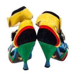 Pre Owned Prada Color Block Suede Asymmetric Jeweled Ankle Strap Sandals Size 38.5
