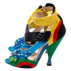 Pre Owned Prada Color Block Suede Asymmetric Jeweled Ankle Strap Sandals Size 38.5